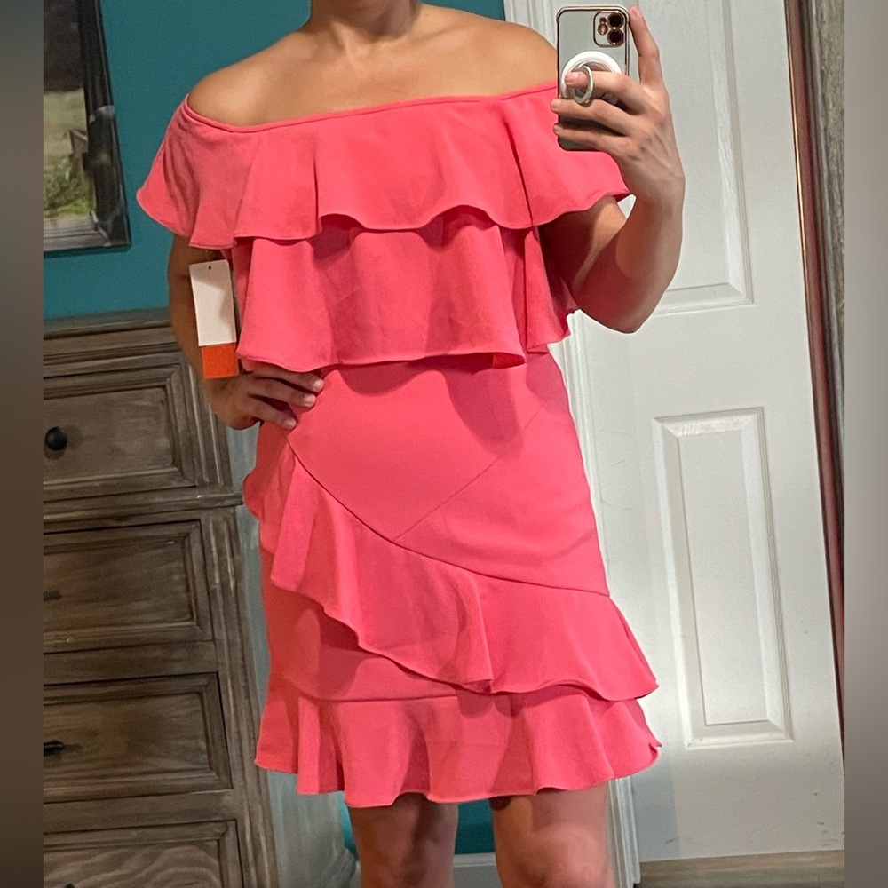 Monique Lhuillier Pink Off-Shoulder Ruffle Dress